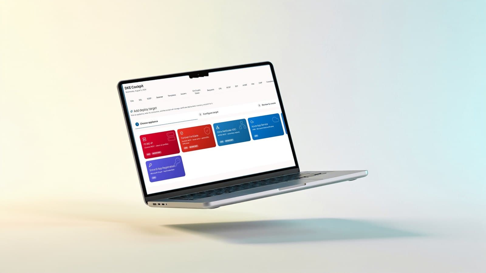 DuoKey Cockpit add-deploy-target screen on a laptop, with F5 BIG-IP, Fortinet FortiGate, Citrix NetScaler, Azure App Service and Entra ID targets